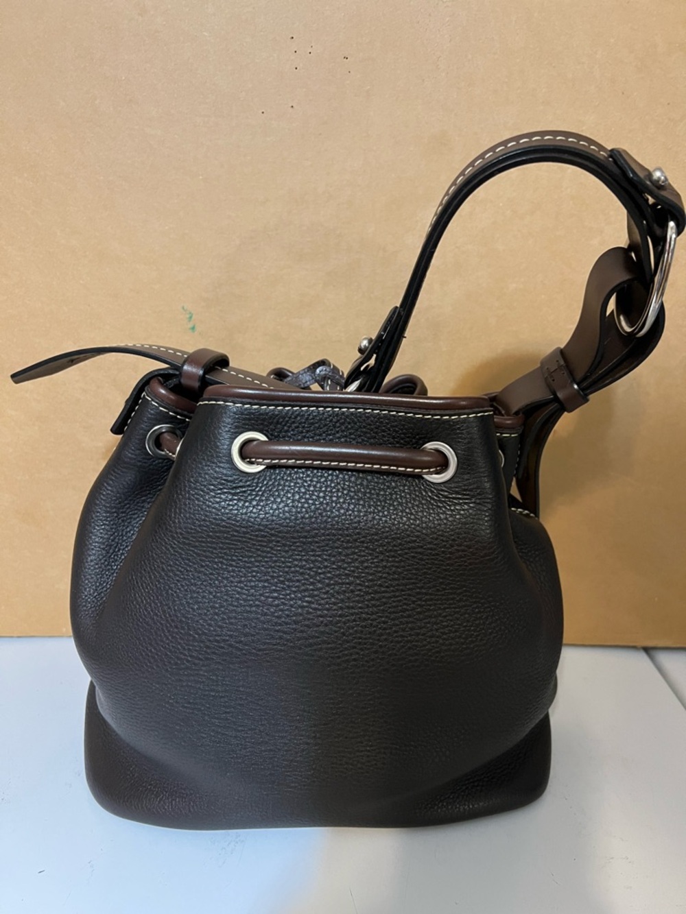 Dooney Leather Drawstring Shoulder Bag in Dark Brown - Picture 2 of 4